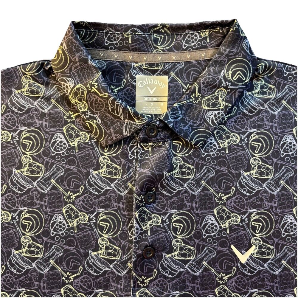 Callaway Polo Shirt Mens L Navy Cocktail Print Opti-Dri Golf Performance Stretch